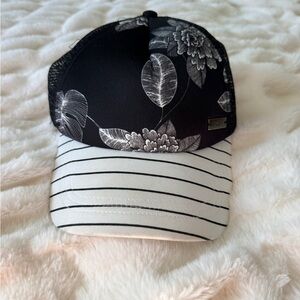 Black and White Floral Striped Roxy Trucker Hat